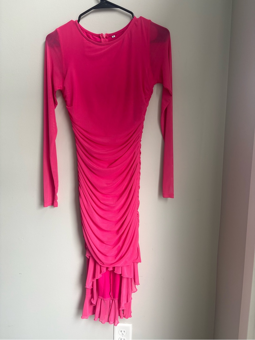 Hot Pink Ruched Mesh Long Sleeve Midi Dress Ruffle Hem Size S